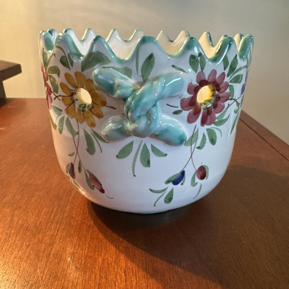Vtg Italian Ceramic Pottery Planter Hand-Painted Floral‎ Rustic Saw Tooth Trim